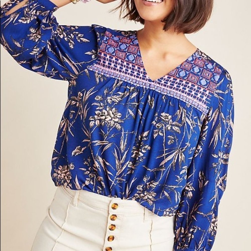 By Anthropologie, Blue Floral Embroidered V-Neck Peasant Top